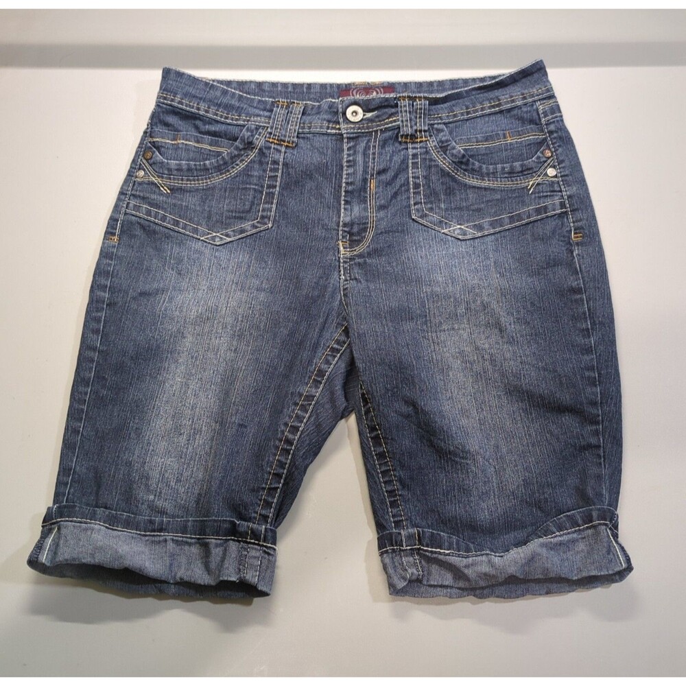 Angels Womens Blue Denim Bermuda Jorts Cuffed Stretch 12P Y2K
